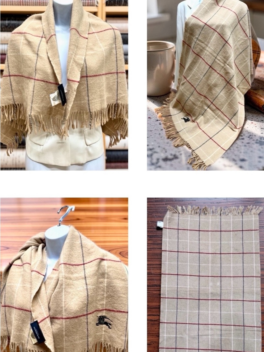 Burberry Beige Plaid Fringe Throw with Red Accent